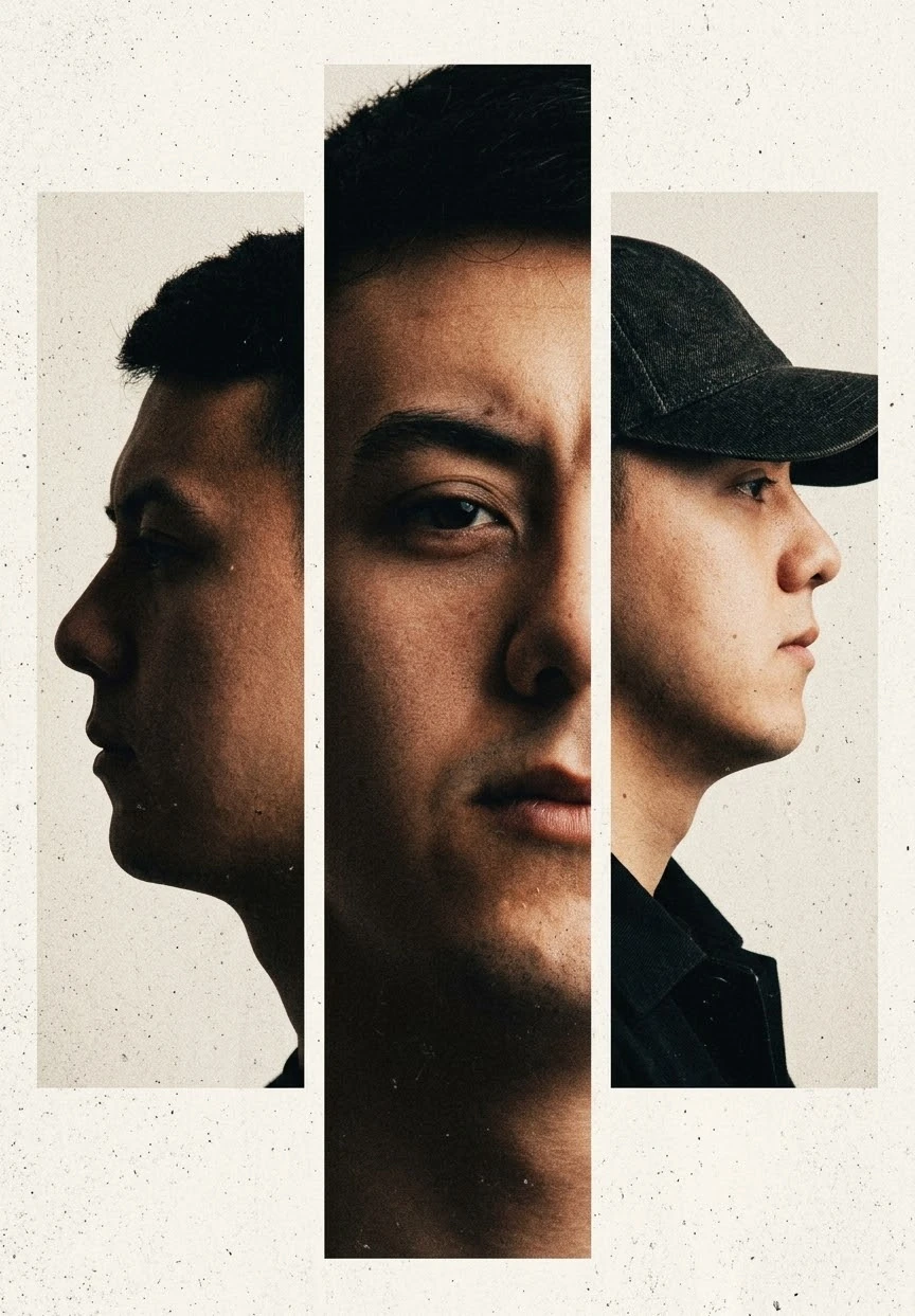 Javohir Tirkashov in three angles: left profile, front and right profile